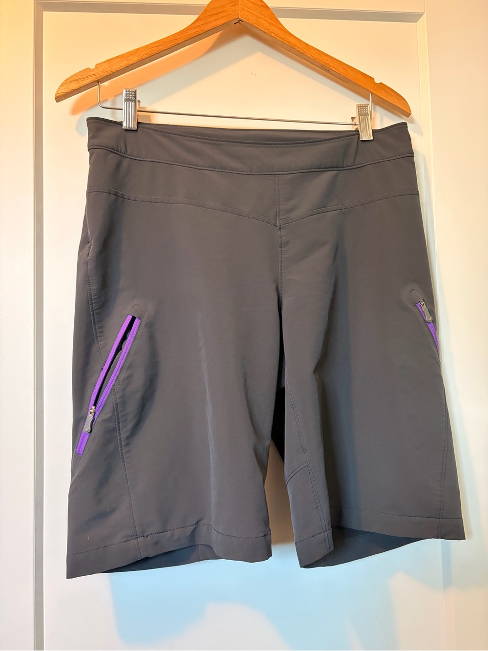 Gray Performance Bermuda Shorts with Purple Zip Accents